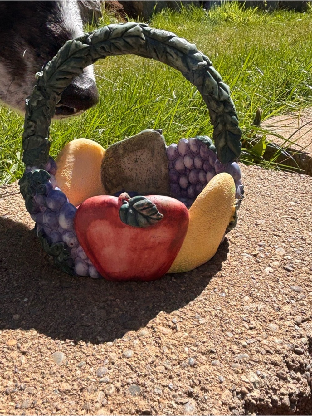 Plaster Fruit Basket Sculpture - Red Apple & Yellow Pear Accents✨